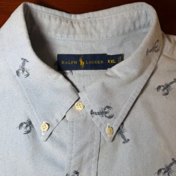 โญ Ralph Lauren XXL Button Down Shirt Blue Lobster Print Short Sleeve Cotton - Picture 7 of 16